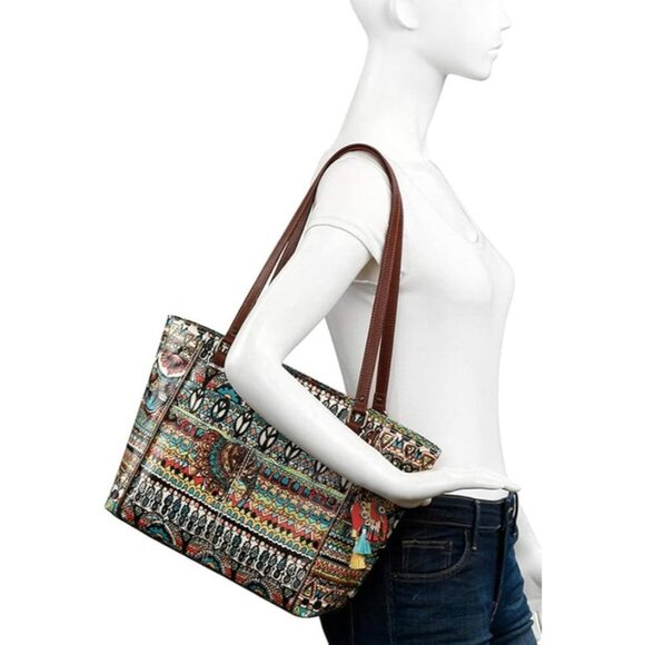 Sakroots Coated Canvas Shoulder Metro Tote Handbag (One Size, Aqua One World) - Picture 2 of 9